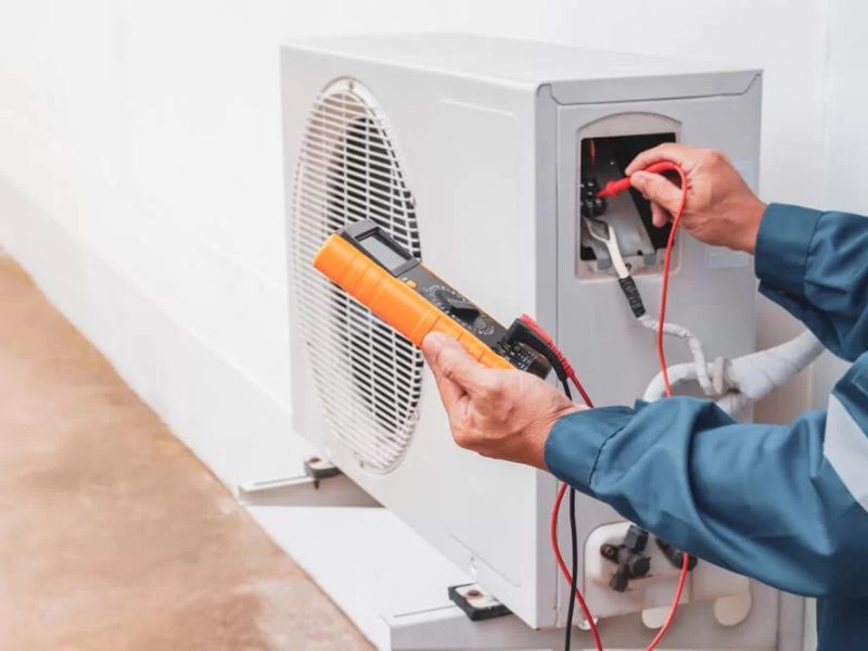 Technician measuring an outdoor condenser
